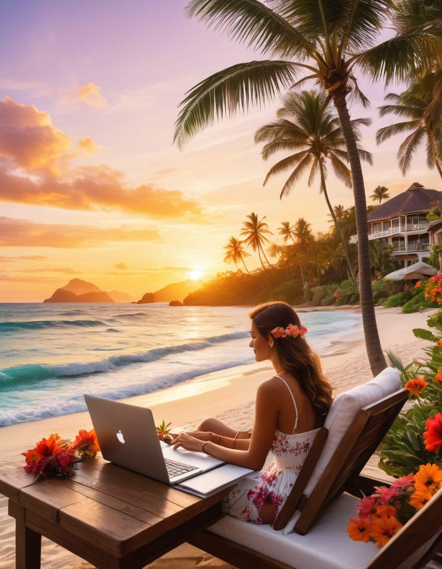 An idyllic tropical beach scene with a luxurious beachfront villa, adorned with vibrant flowers and palm trees, accompanied by a couple joyfully planning their getaway with a laptop and a travel guide. The backdrop features a stunning sunset with waves gently lapping at the shore, exuding relaxation and adventure. Illustrative style with warm, inviting colors.